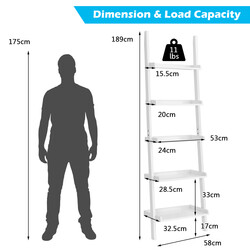 Vit lutande vägghylla med fem hyllplan i trä