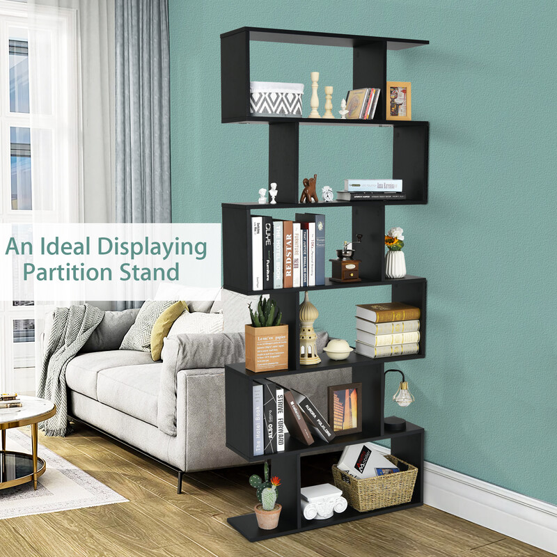 S-formad bokhylla med 6 nivåer i svart trä