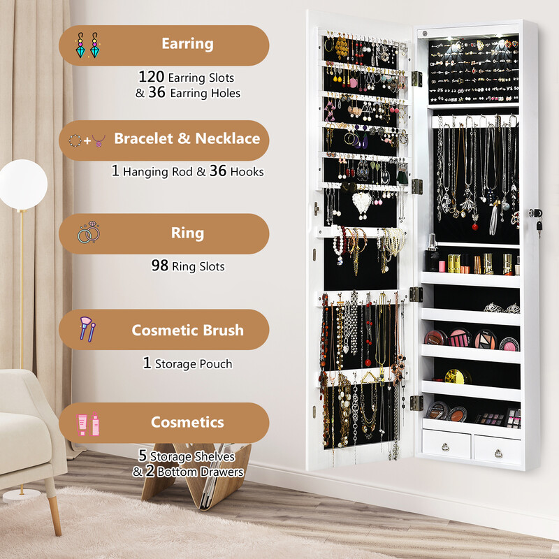 Smyckesskåp med LED-belysning och spegel, vit 120x35,5 cm