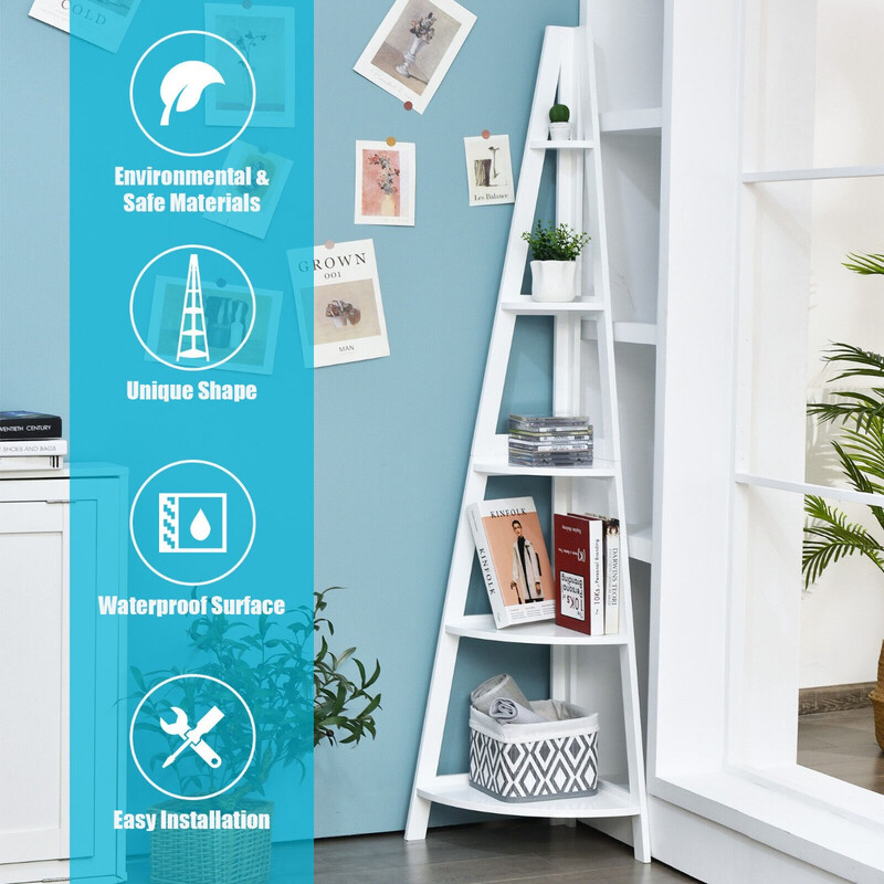 Hörnhylla i trä med fem hyllplan vit MDF