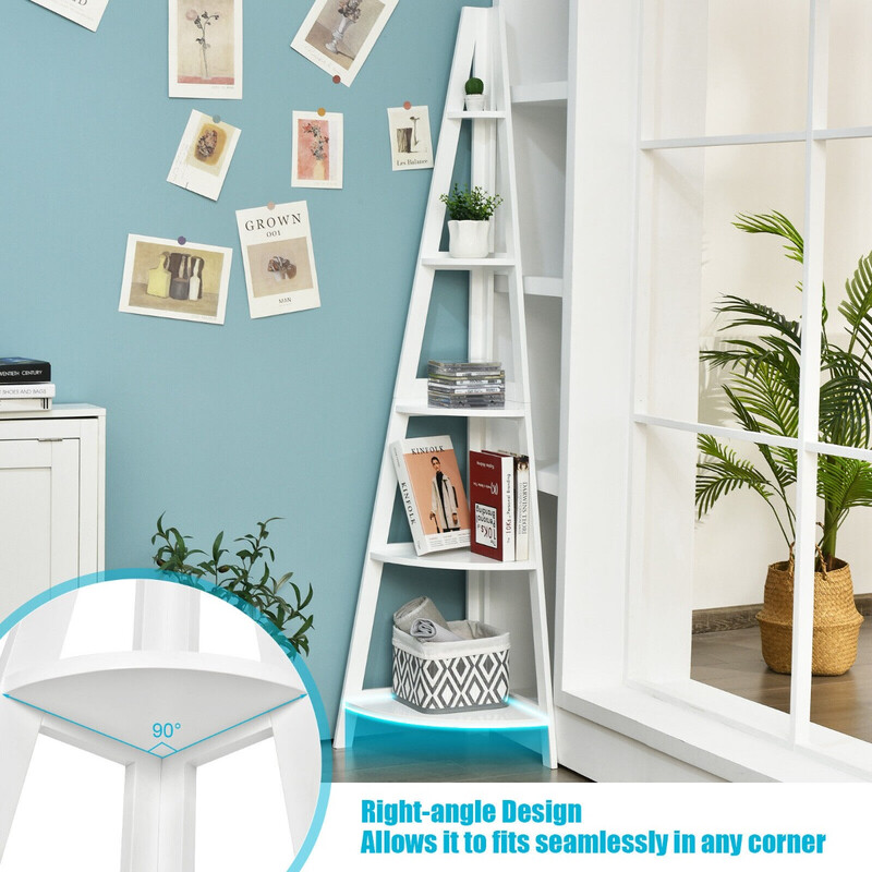 Hörnhylla i trä med fem hyllplan vit MDF