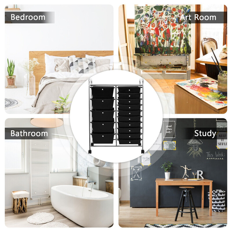 Förvaringsvagn med 15 lådor och hjul, svart