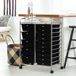 Förvaringsvagn med 15 lådor och hjul, svart