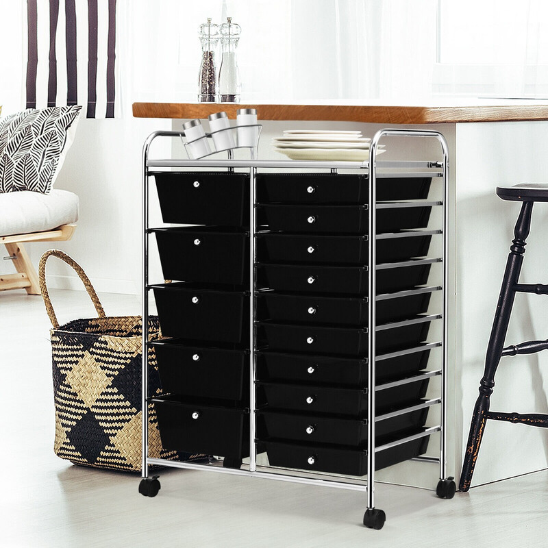 Förvaringsvagn med 15 lådor och hjul, svart