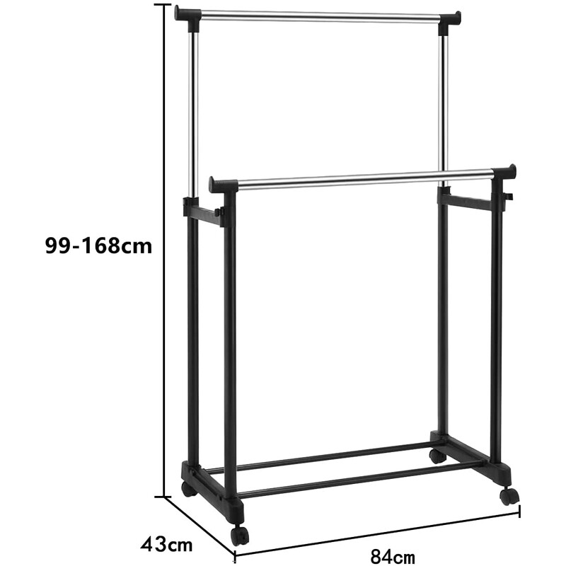 Höj- och sänkbar klädställning med hjul, svart, 86-168 cm