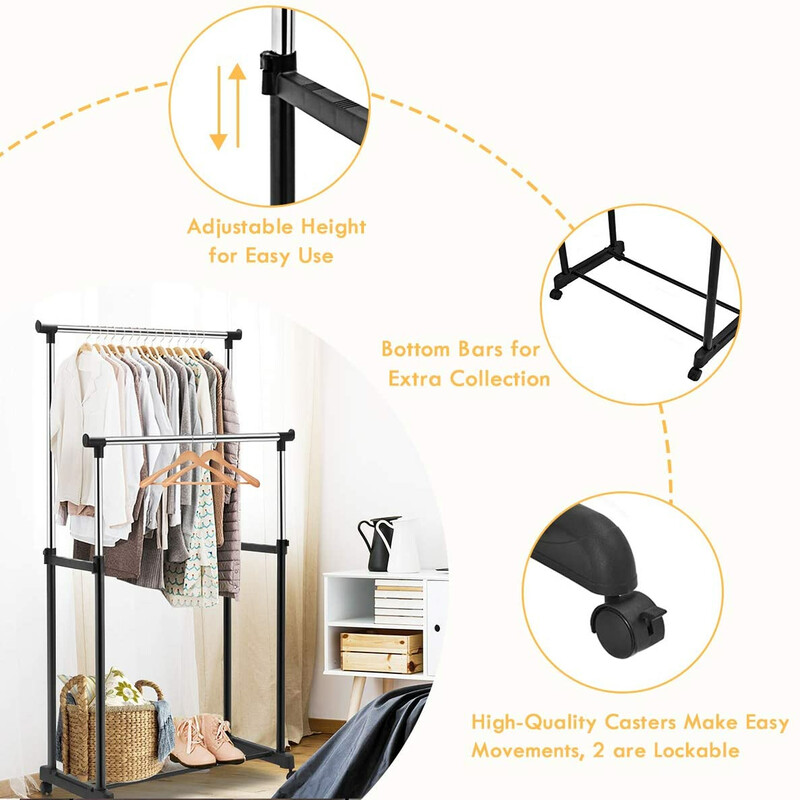 Höj- och sänkbar klädställning med hjul, svart, 86-168 cm