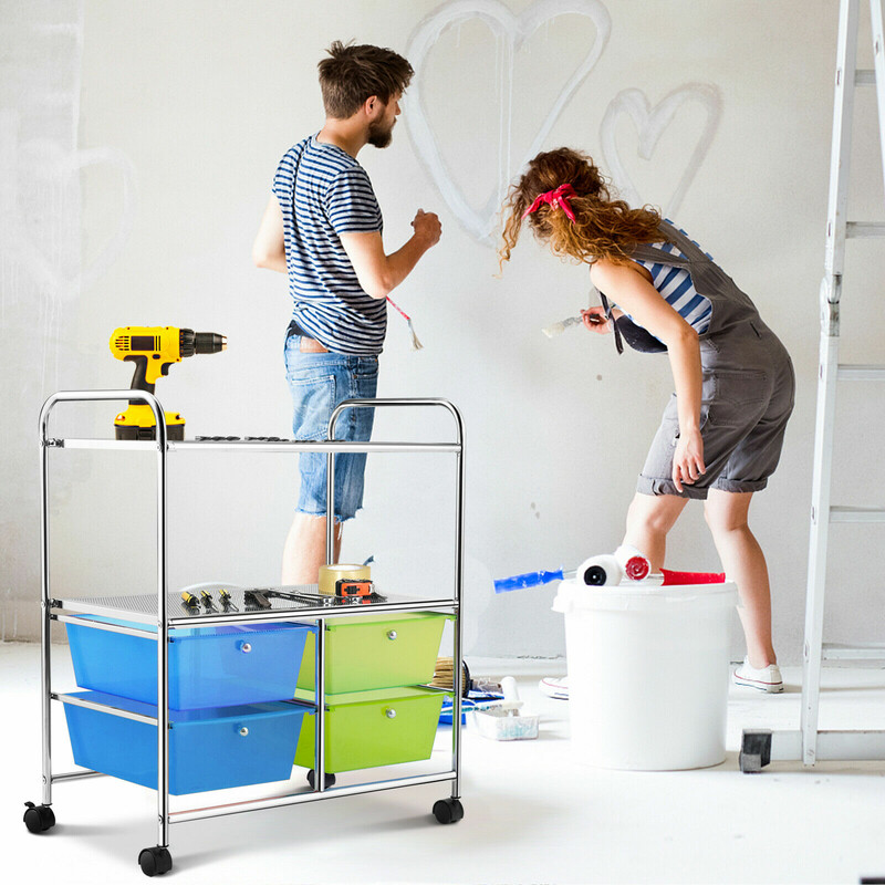 Rullvagn med 4 lådor för badrum och kök blå/grön