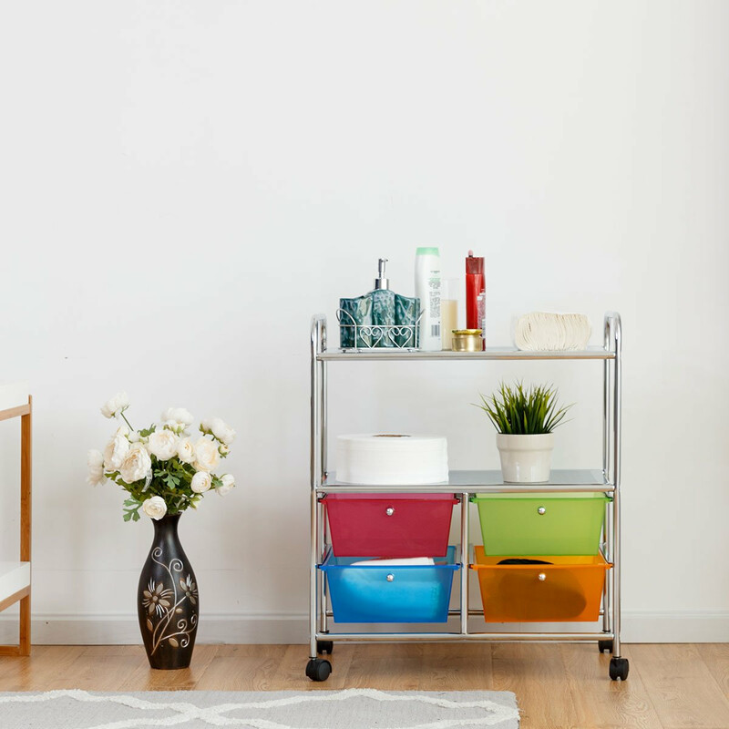 Praktisk förvaringsvagn med 4 lådor och hjul, blå/grön