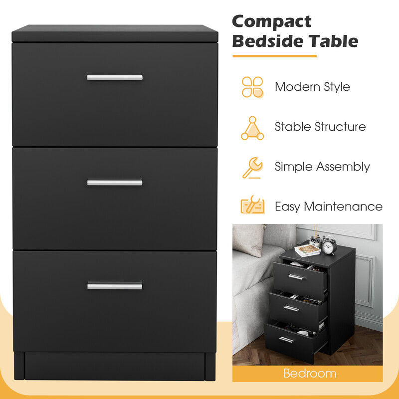 Sängbord med tre lådor i svart spånskiva