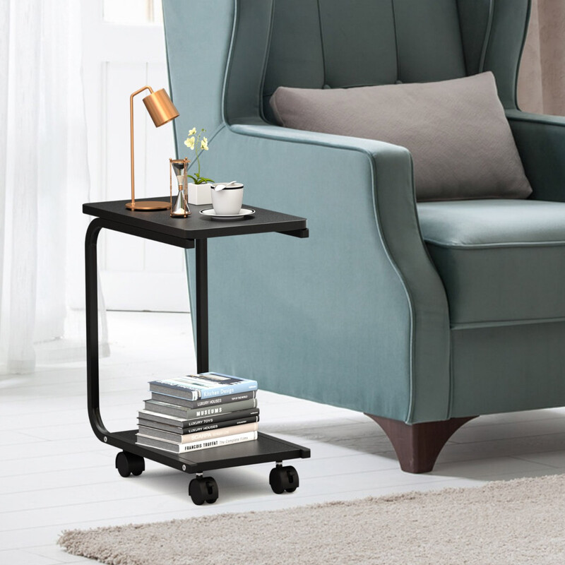 Svart laptoptillbehörsbord med hjul och extra hylla