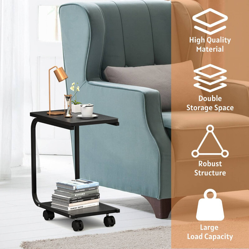 Svart laptoptillbehörsbord med hjul och extra hylla