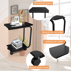 Svart laptoptillbehörsbord med hjul och extra hylla