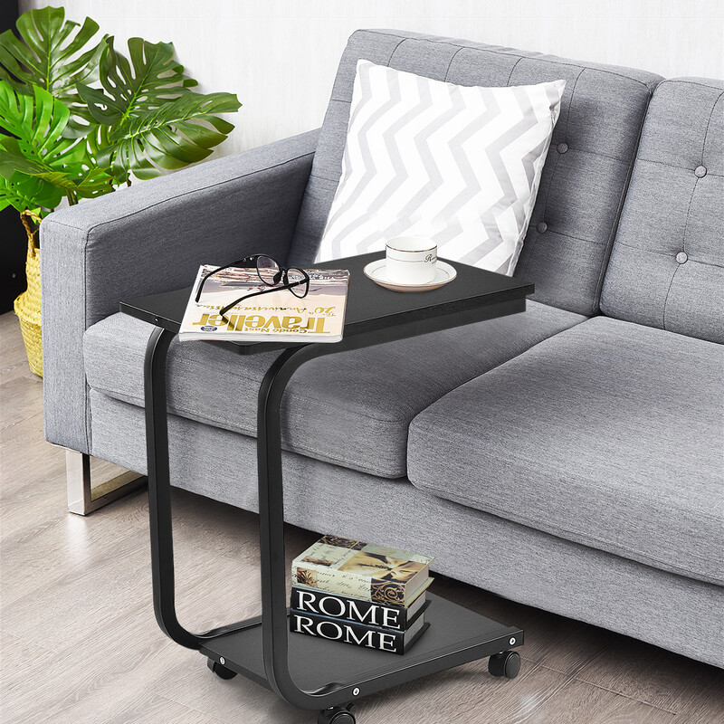 Svart laptoptillbehörsbord med hjul och extra hylla