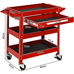 Verktygsvagn med tre hyllor och låda i röd metall