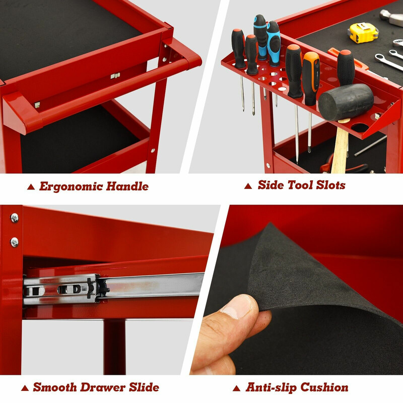 Verktygsvagn med tre hyllor och låda i röd metall