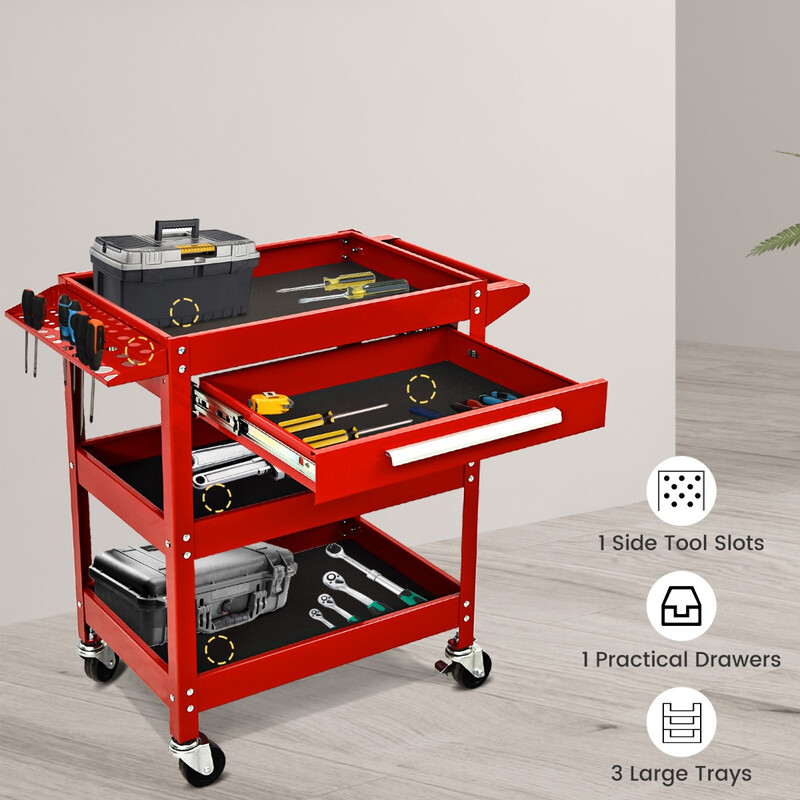 Verktygsvagn med tre hyllor och låda i röd metall
