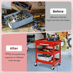 Verktygsvagn med tre hyllor och låda i röd metall