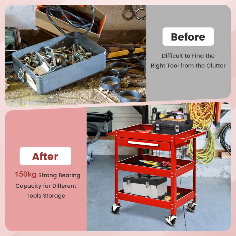 Verktygsvagn med tre hyllor och låda i röd metall