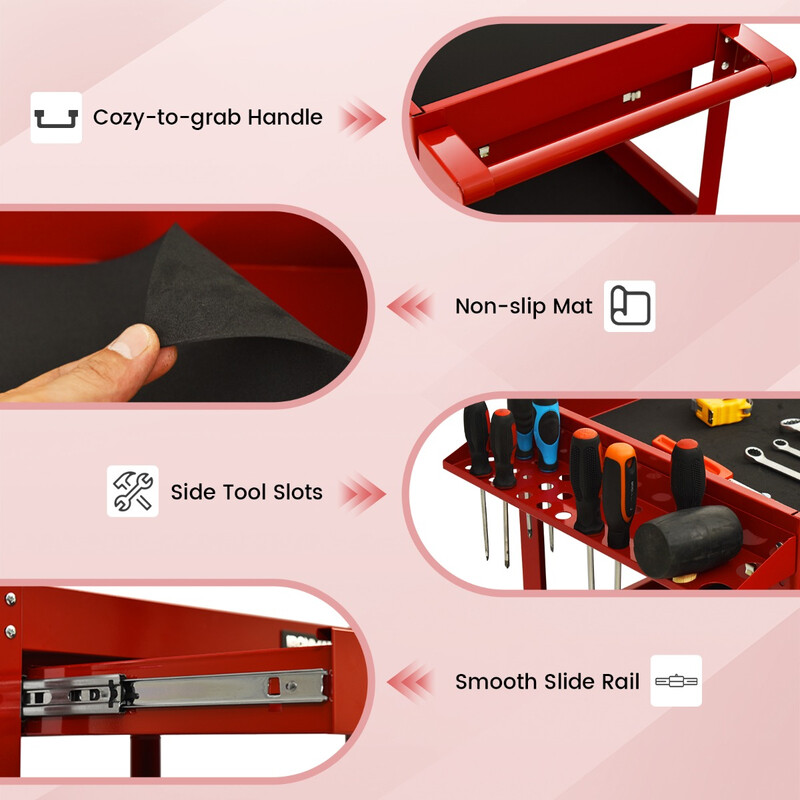 Verktygsvagn med tre hyllor och låda i röd metall