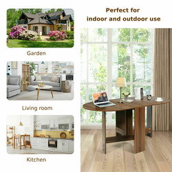 Runt fällbart balkongbord i brunt trä för trädgård