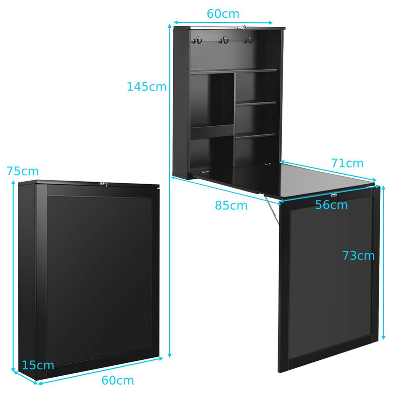 Väggmonterat hopfällbart skrivbord med griffeltavla svart/vit