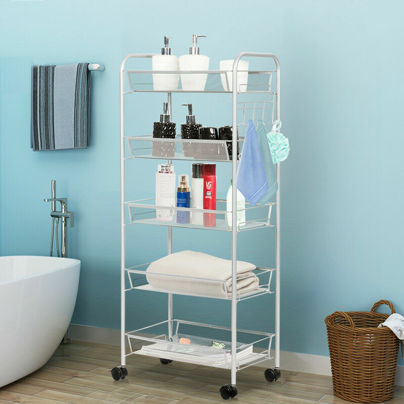 Rullvagn med fem hyllplan i metall med hjul grå