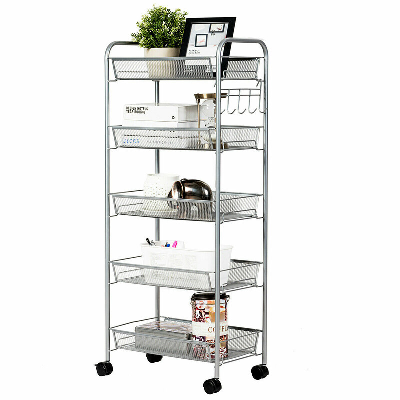 Rullvagn med fem hyllplan i metall med hjul grå