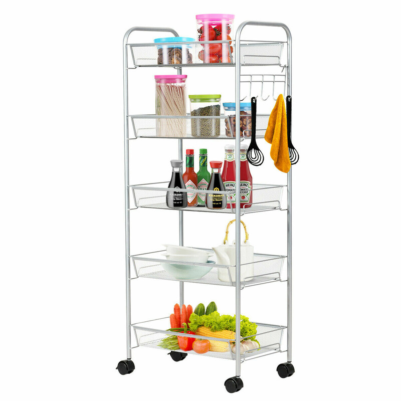 Rullvagn med fem hyllplan i metall med hjul grå