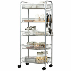 Rullvagn med fem hyllplan i metall med hjul grå