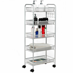 Rullvagn med fem hyllplan i metall med hjul grå