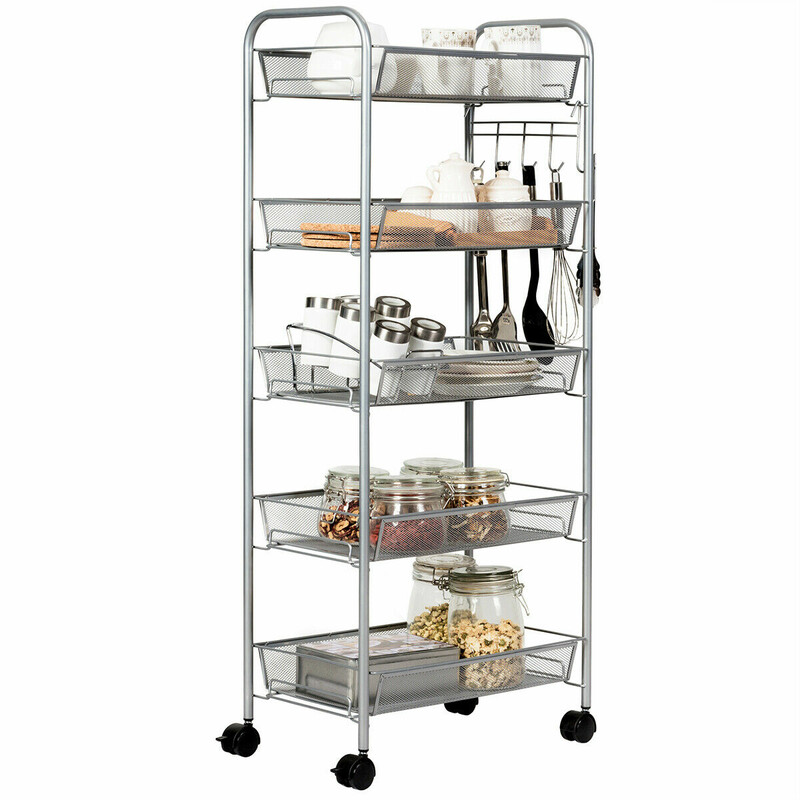 Rullvagn med fem hyllplan i metall med hjul grå