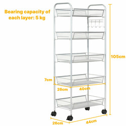 Rullvagn med fem hyllplan i metall med hjul grå