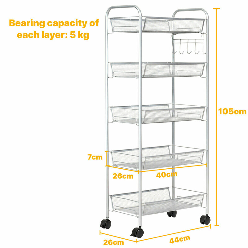 Rullvagn med fem hyllplan i metall med hjul grå