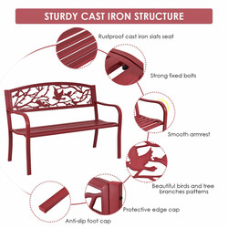 Röd trädgårdsbänk 3-sits med ryggstöd i gjutjärn