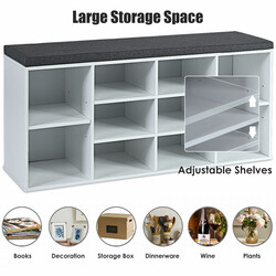 Skobänk med sittdyna och justerbara hyllor i vit trä