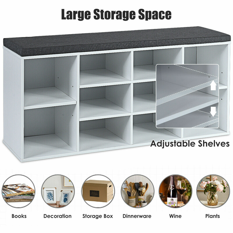 Skobänk med sittdyna och justerbara hyllor i vit trä