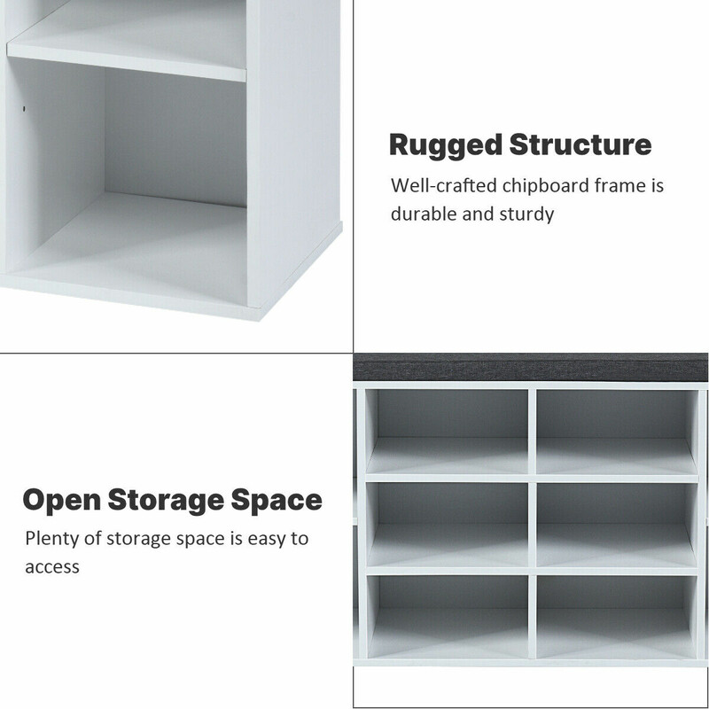 Skobänk med sittdyna och justerbara hyllor i vit trä