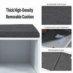 Skobänk med sittdyna och justerbara hyllor i vit trä