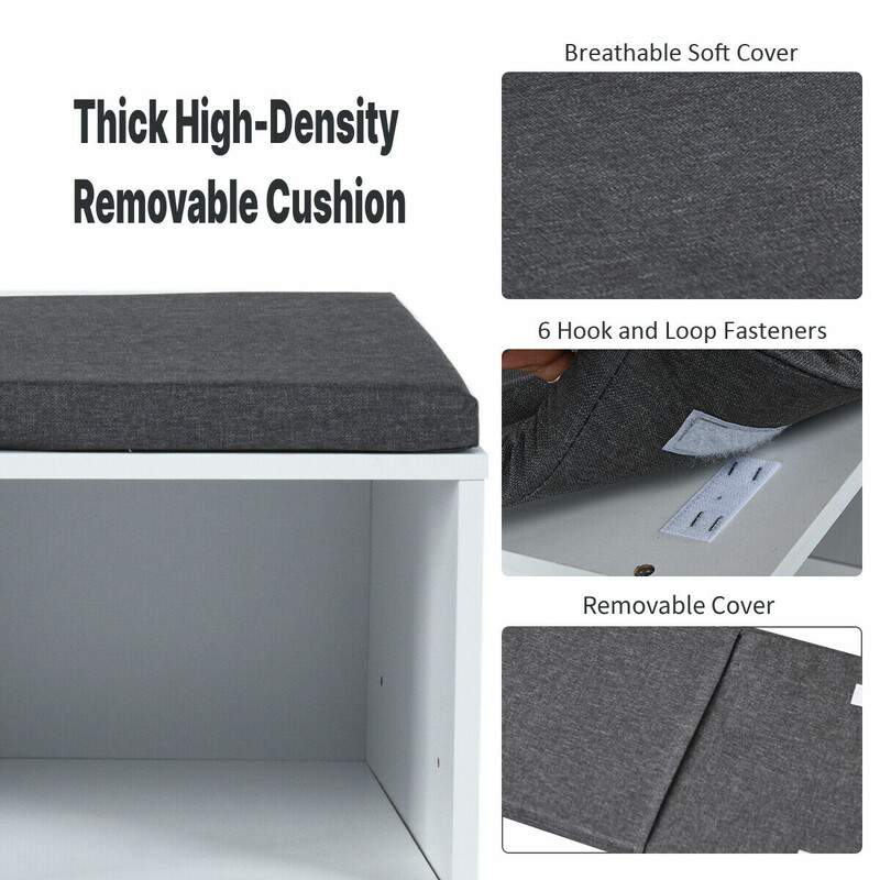 Skobänk med sittdyna och justerbara hyllor i vit trä