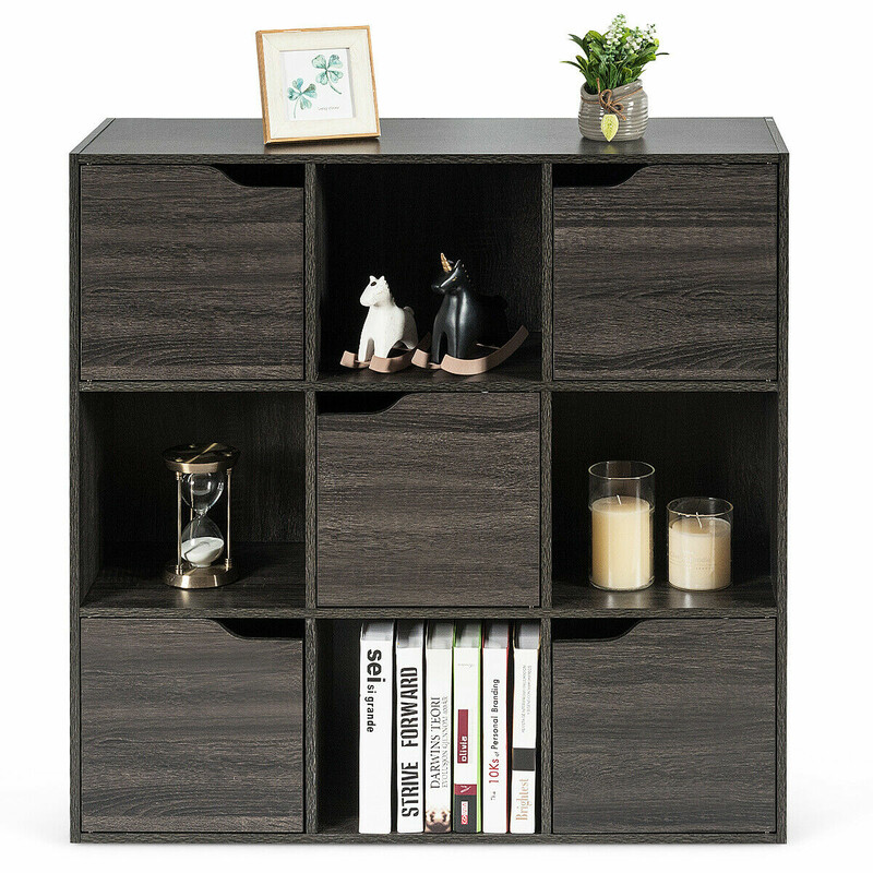 Grå 9-fack förvaringshylla med dörrar och väggmontering