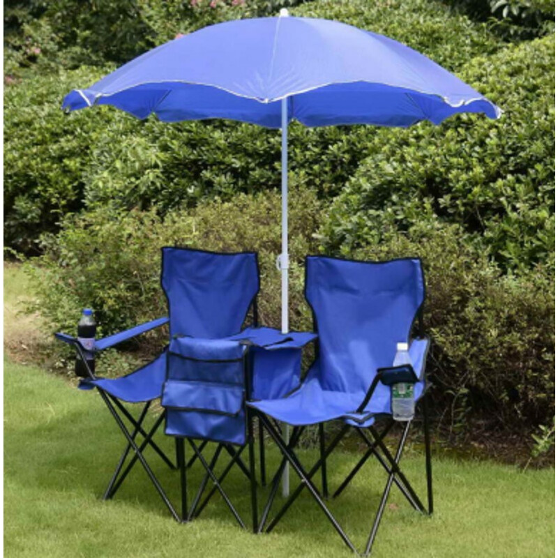 Hopfällbar campingstol med parasoll för två personer