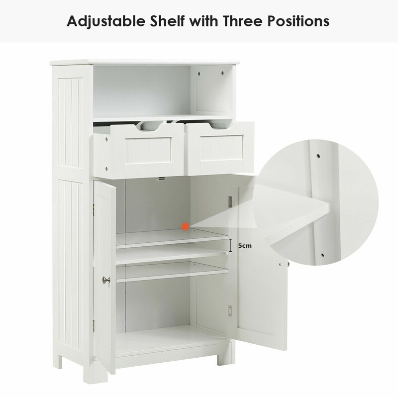 Fristående badrumsskåp med justerbara hyllor och lådor vit