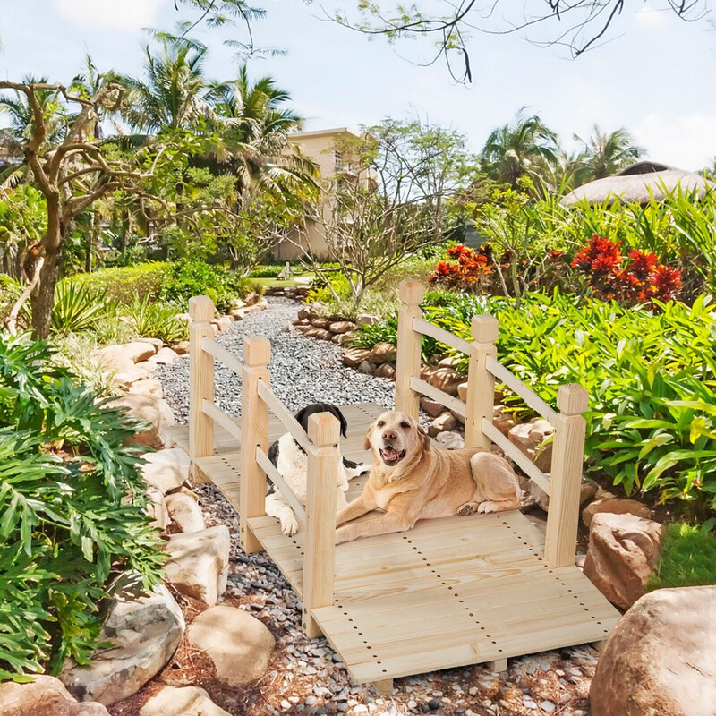 Träbro för trädgård med räcken 150 cm naturlig