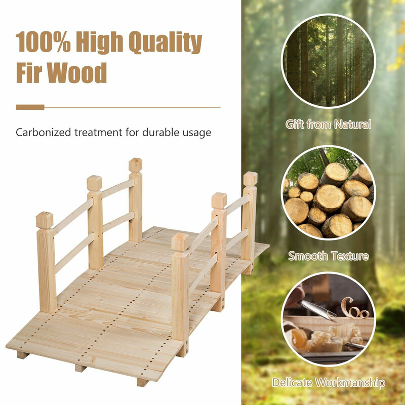 Träbro för trädgård med räcken 150 cm naturlig