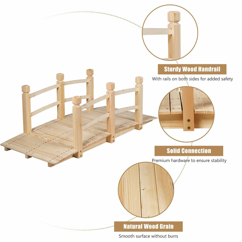 Träbro för trädgård med räcken 150 cm naturlig