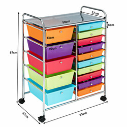 Förvaringsvagn med 15 lådor och hjul, färgglad design
