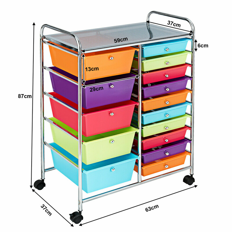 Förvaringsvagn med 15 lådor och hjul, färgglad design