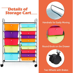 Förvaringsvagn med 15 lådor och hjul, färgglad design