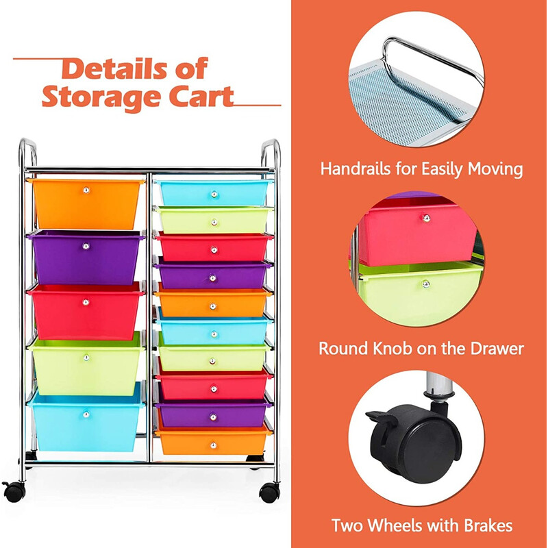 Förvaringsvagn med 15 lådor och hjul, färgglad design
