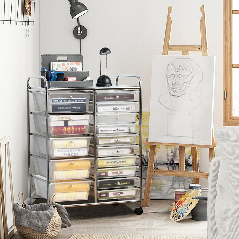 Förvaringsvagn med 15 lådor och svängbara hjul